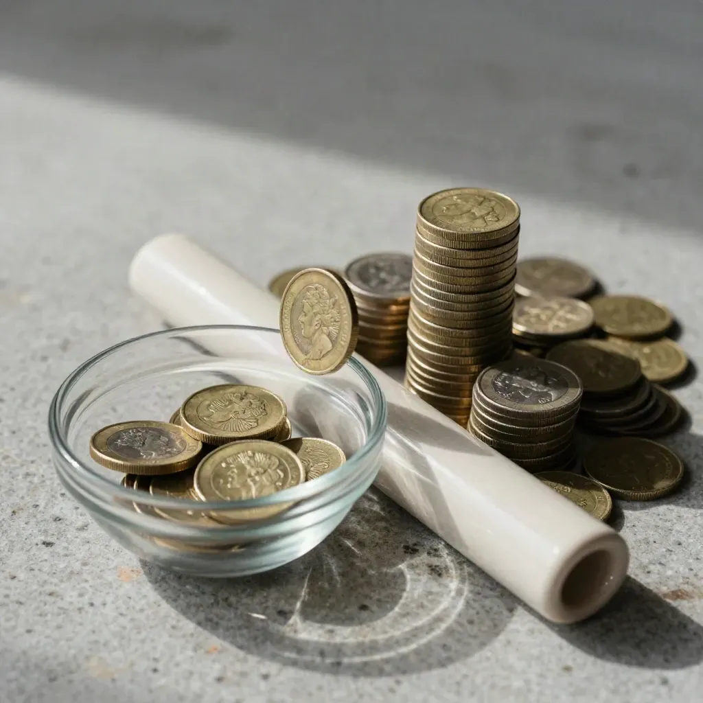 Overhead coin stacks split by a ceramic divider and glass bowl on stone, one coin mid-tumble.