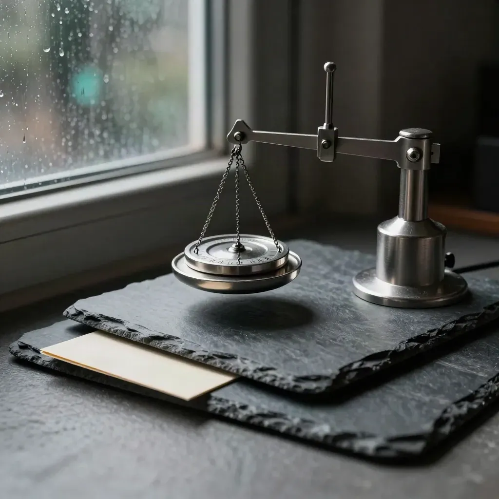 Balance scale with silver discs and a folded card beside a rain-dark window on slate.