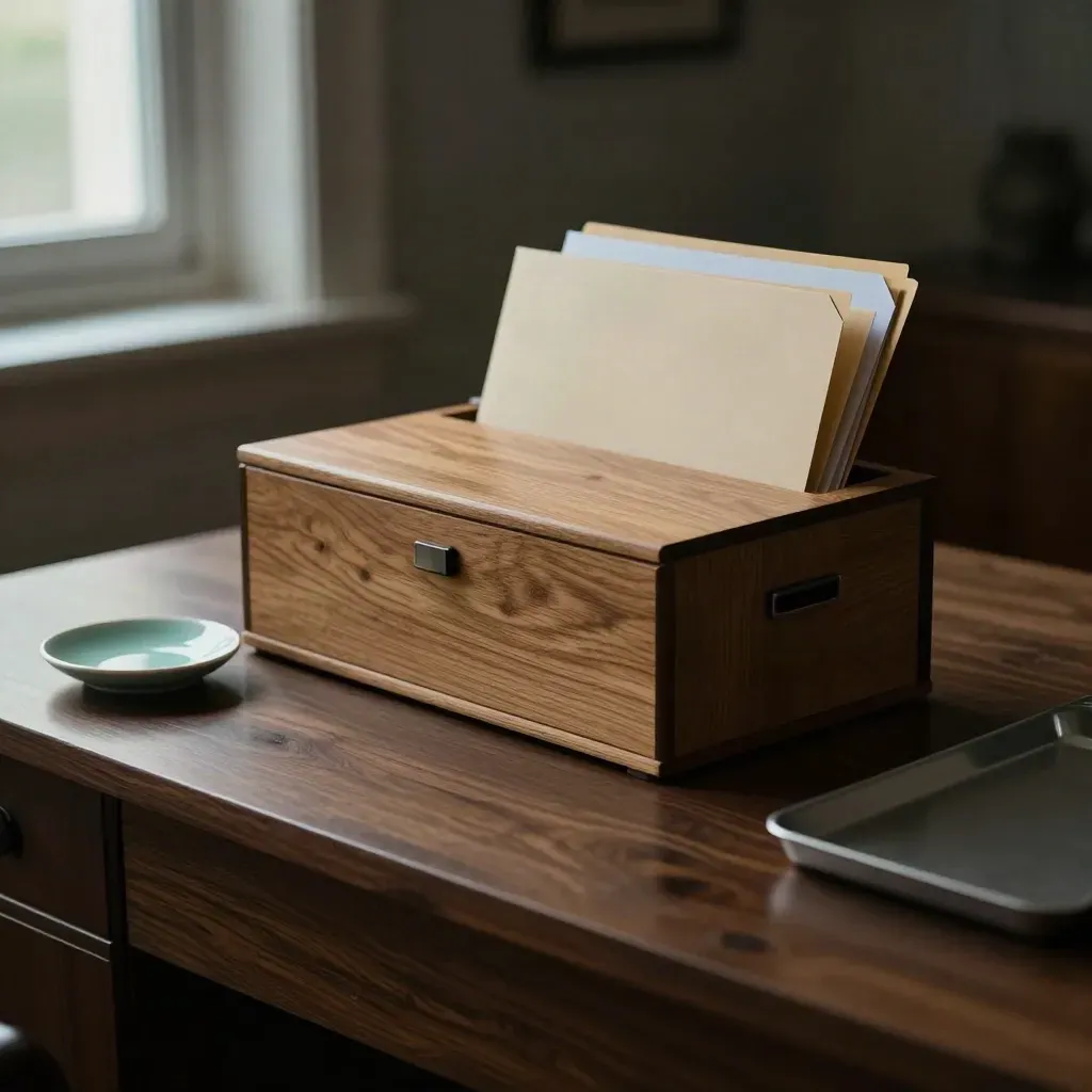 Oak archive box with three report folders and a ceramic dish on a dark desk in moody light