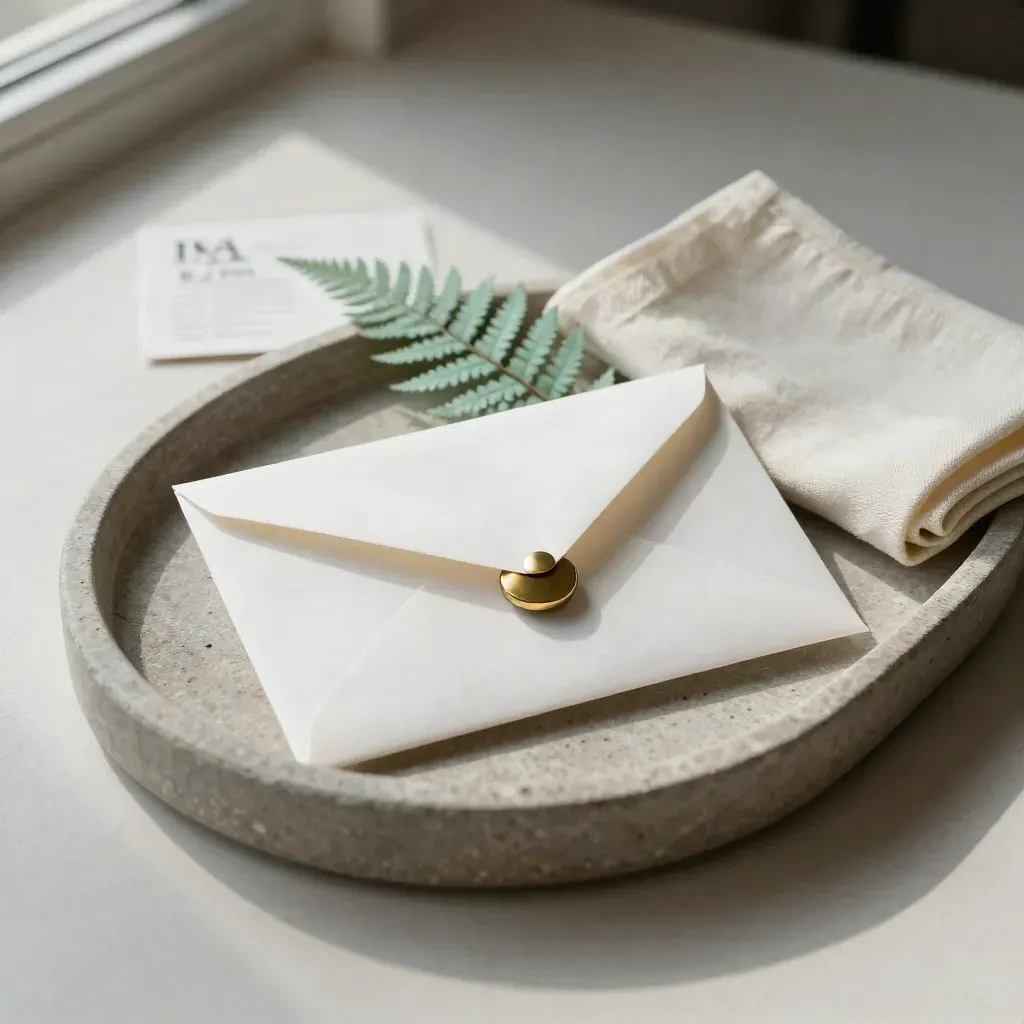 Stone tray with sealed envelope clip, fern sprig, and folded cream cloth in soft light
