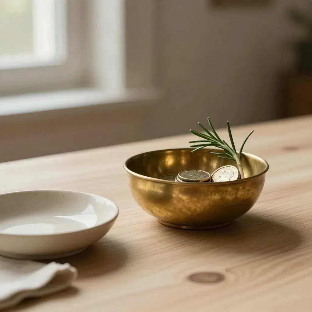 Brass bowl of tokens beside rosemary and cream dish on pale wood in soft window light