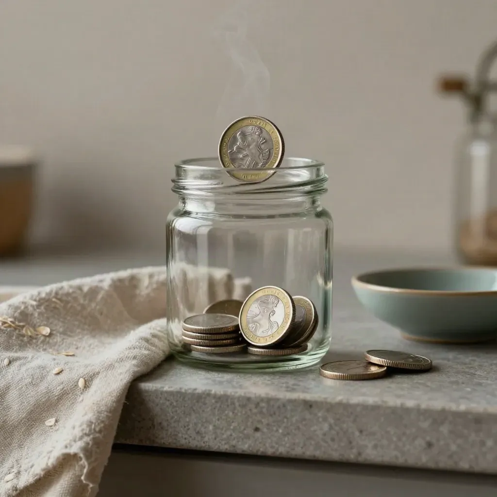 Glass coin jar on stone shelf with linen, two coins, and a muted teal dish in soft light.