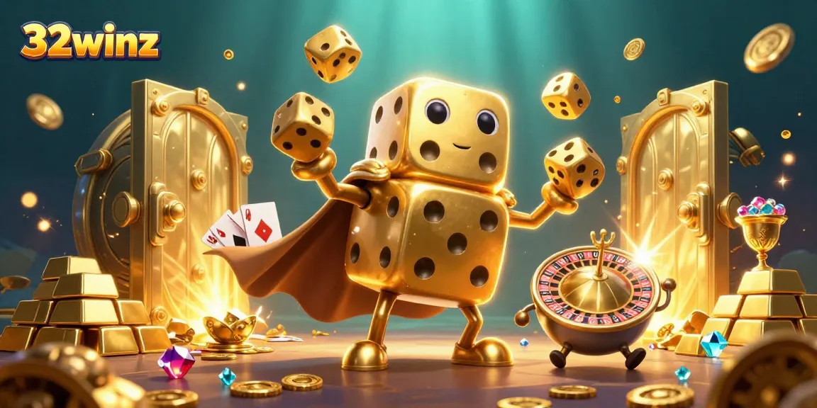 Play with excitement at 32winz with golden dice, treasures, and vibrant casino elements.