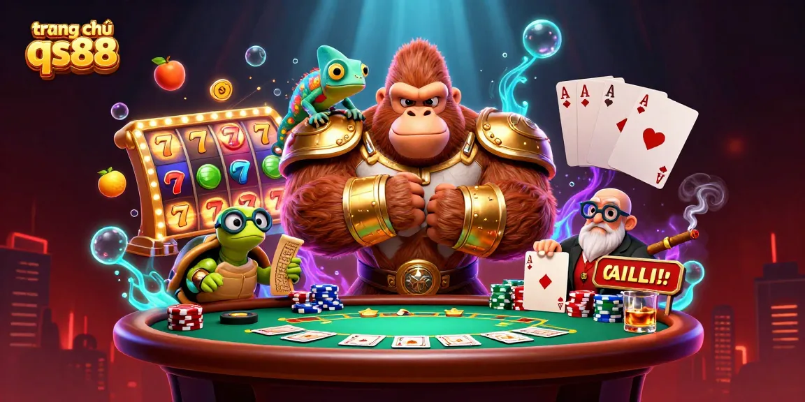 Engage with slots and jackpots at trang chủ qs88, featuring a gorilla king and vibrant casino elements.