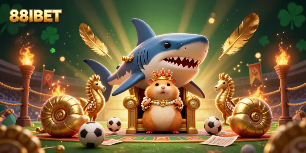 Bet on sports with 88IBET featuring a golden hamster king and dynamic gaming elements.