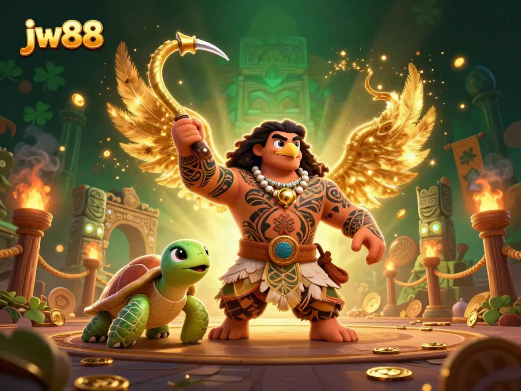Experience thrilling action at jw88 with a dynamic scene featuring a demigod hawk and vibrant casino elements.
