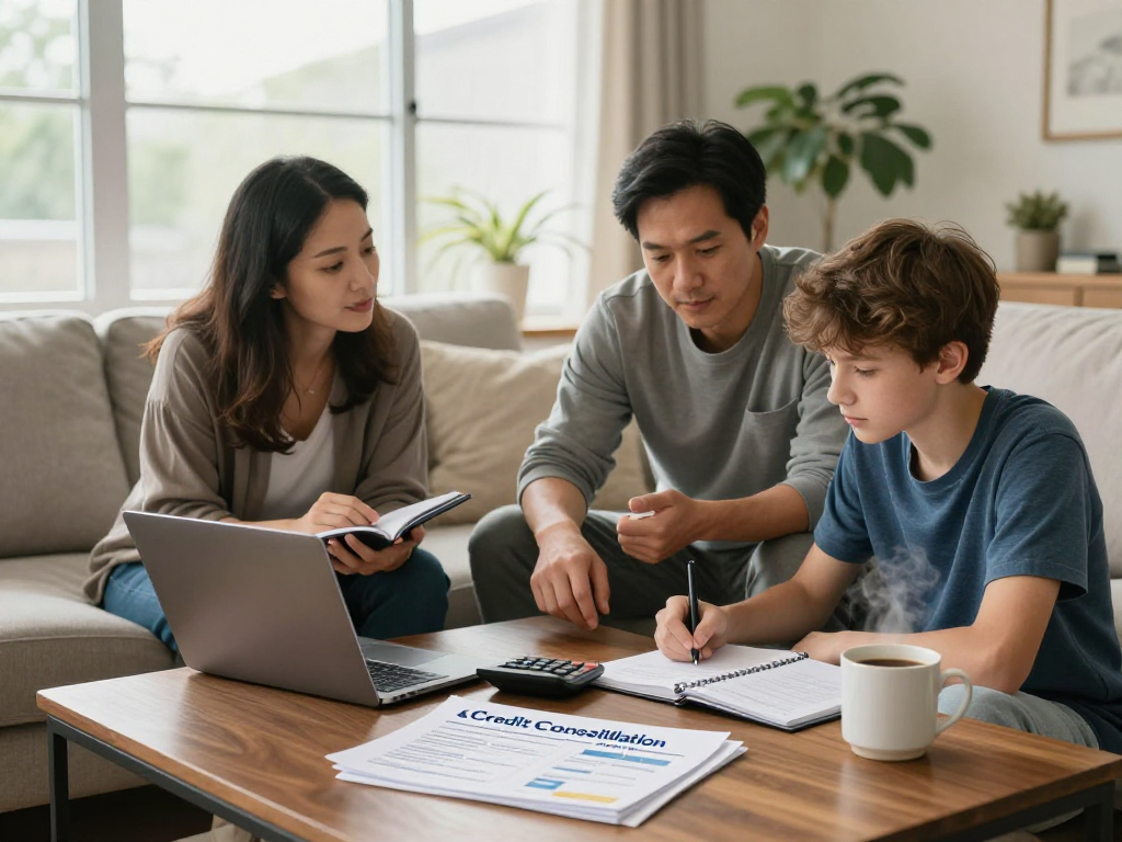 Family discussing debt relief Canada options at home, collaborating with financial materials and laptops.