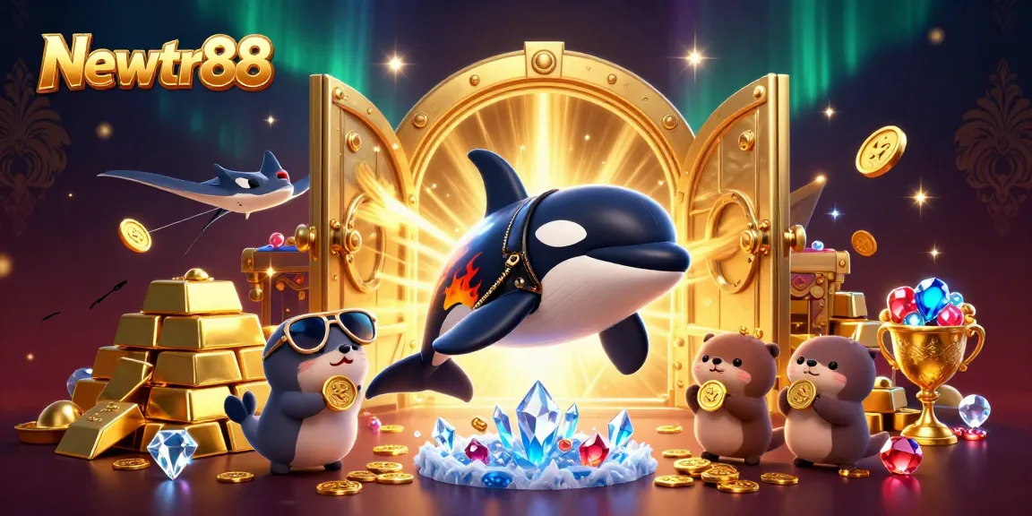 Newtr88 promotes exciting gaming action with cartoon orca, stingray, and otters among treasures.