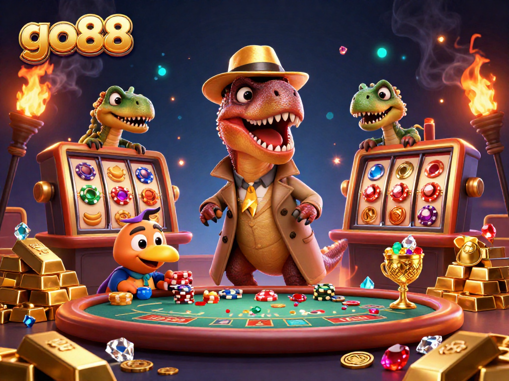 Experience the excitement at go88 with a cartoon velociraptor card counter amid a rich casino scene.