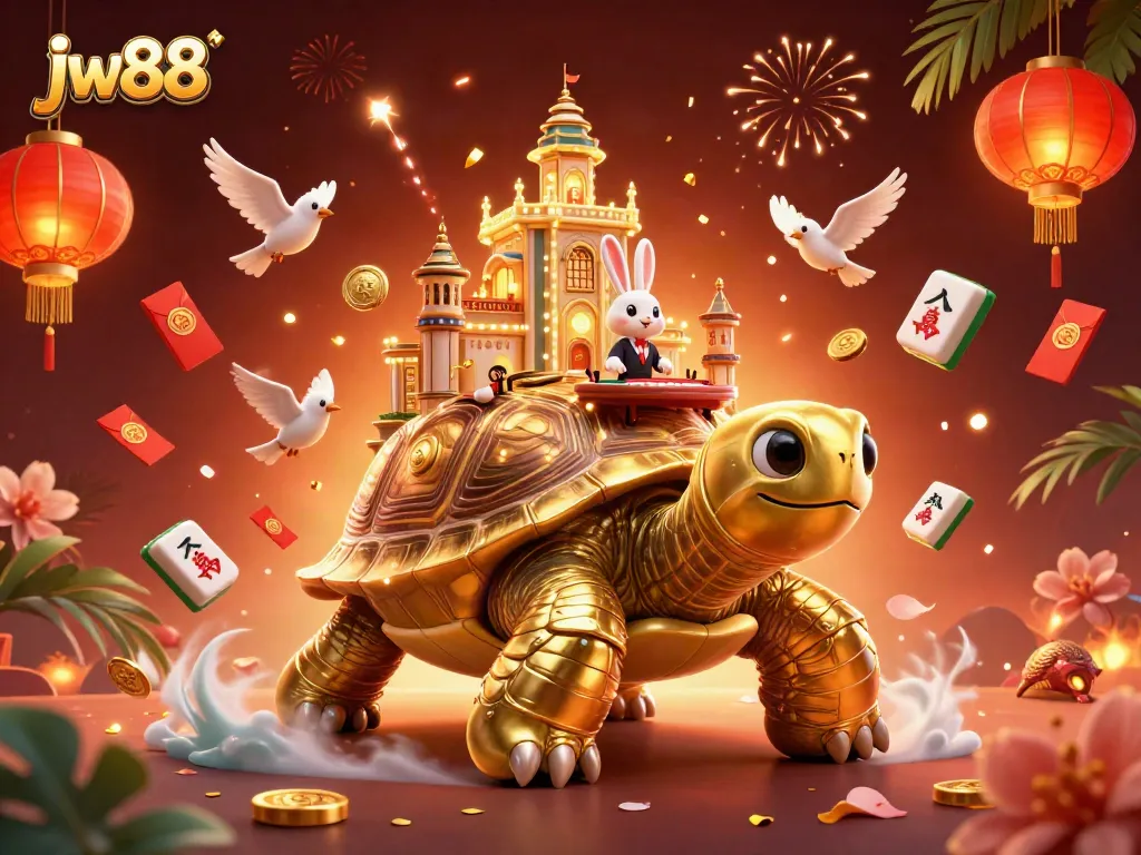 Win big at jw88 with a vibrant, cartoon casino illustration featuring a golden tortoise and a rabbit dealer.