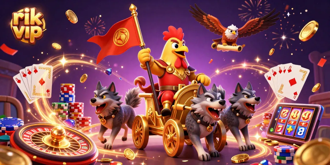 Experience exciting gameplay at rik vip with a vibrant 3D casino scene featuring a rooster warlord and golden coins.