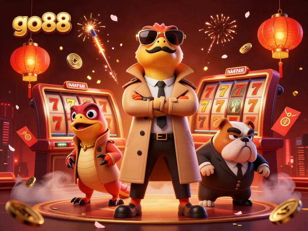 Experience the thrilling ambiance of go88 with raptors in a trench coat entering a VIP casino.