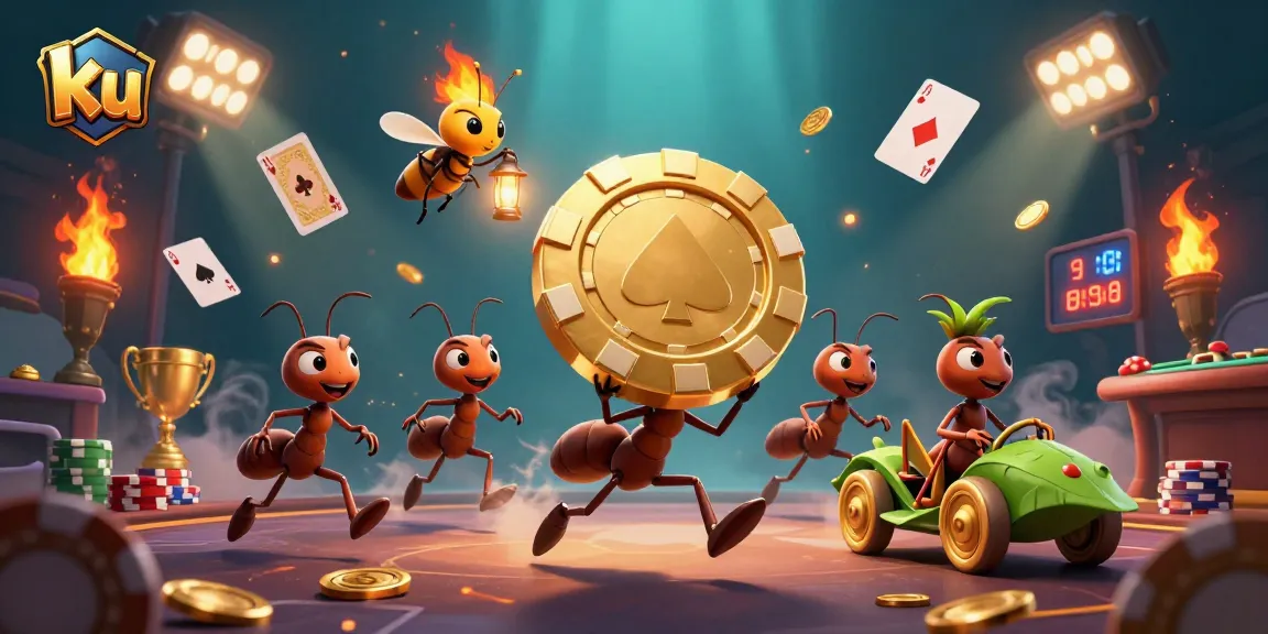 Engage in poker strategy with ku, as cartoon ants escape with a giant golden chip.