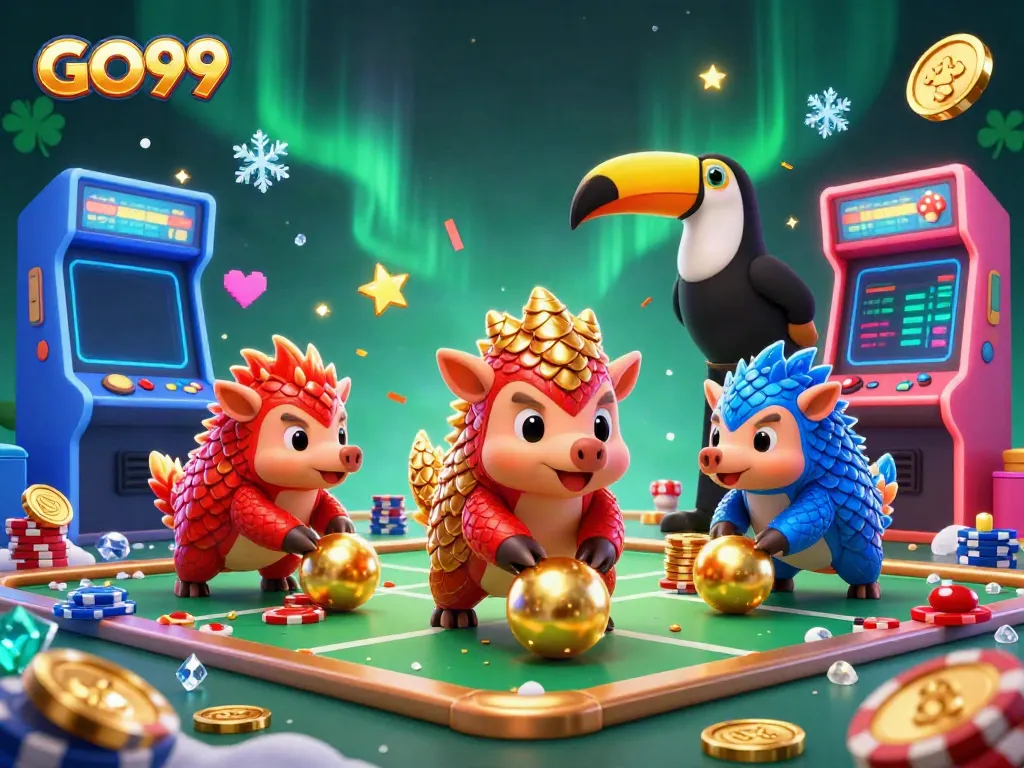 Engage in stunning GO99 casino adventures with rival pangolins navigating poker chips and game machines.