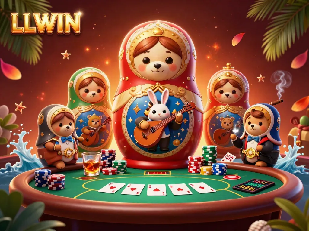 LLWIN showcases a vibrant casino scene with a Matryoshka bear and colorful poker elements.