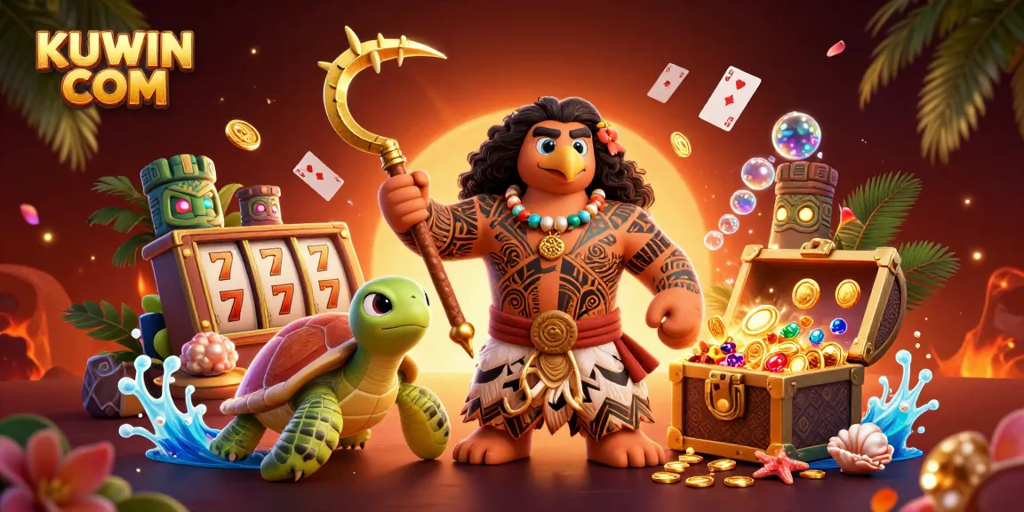 Play exciting games at KUWIN COM with a captivating 3D casino illustration featuring vibrant characters and rich gaming elements.