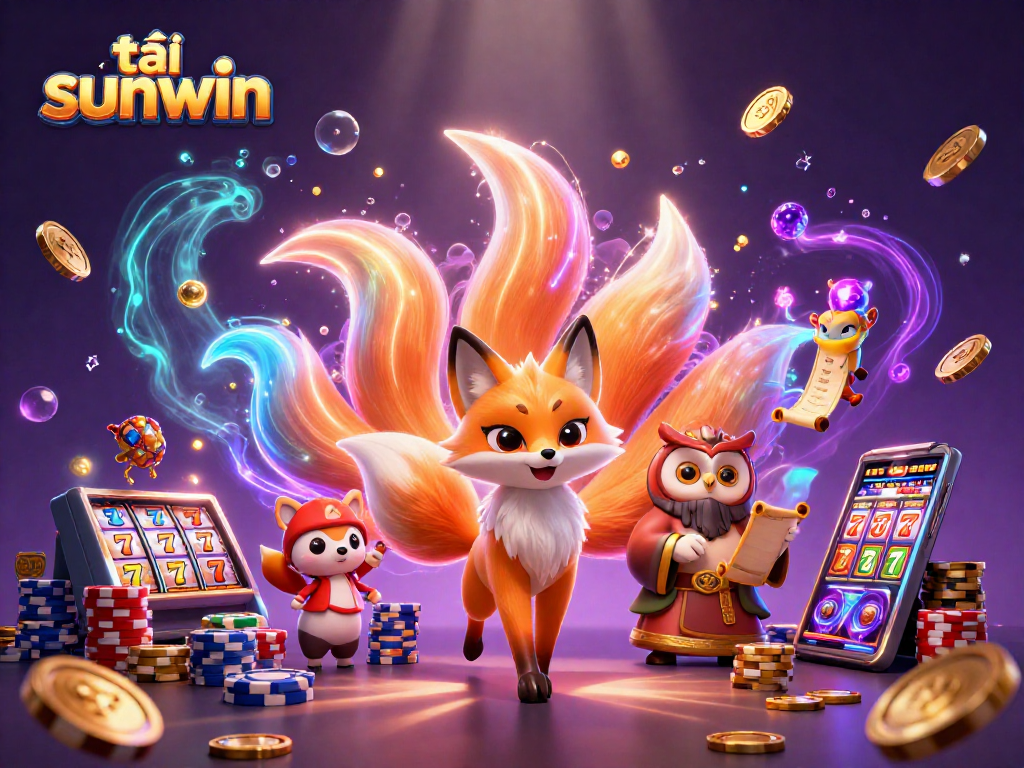 Experience excitement with tải sunwin as colorful orbs and a fox spirit illuminate a vibrant casino scene.