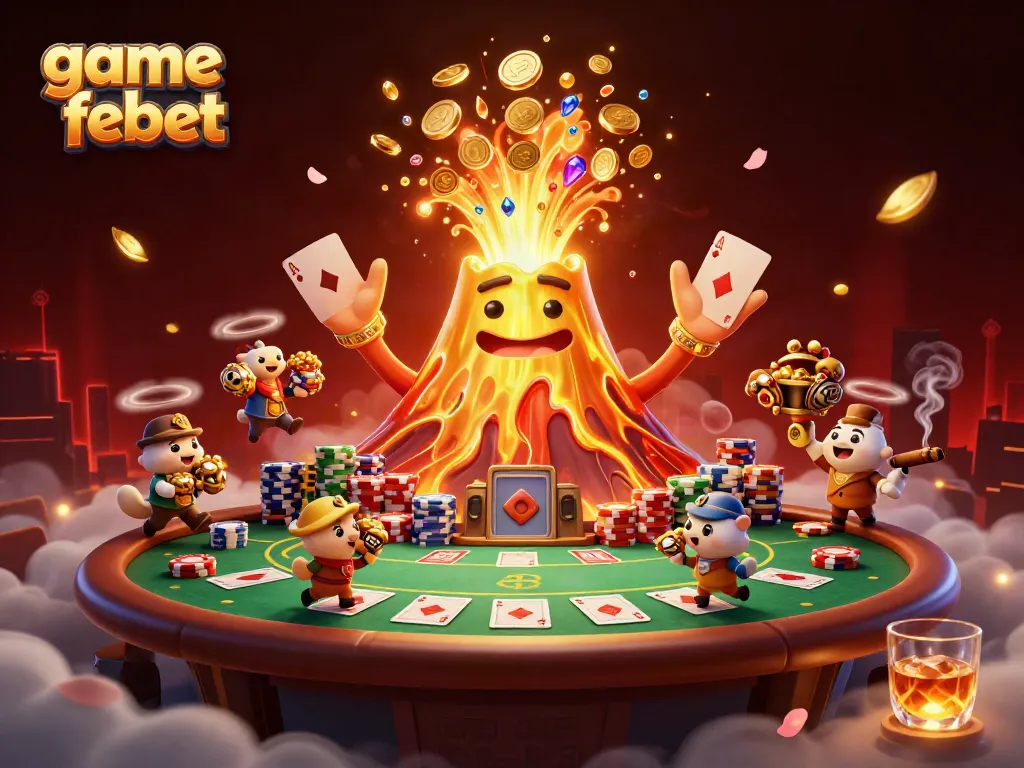 Engage with the game febet experience, featuring a golden volcano erupting coins and treasure in a vibrant casino setting.