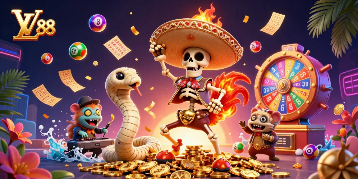Experience LV 88 delights with golden coins and dynamic lottery elements in this vibrant casino scene.