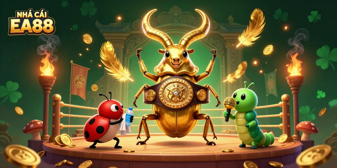 Experience the excitement of NHÀ CÁI EA88 with a dynamic 3D illustration of a boxing beetle and ladybug corner-man in a vibrant casino setting.