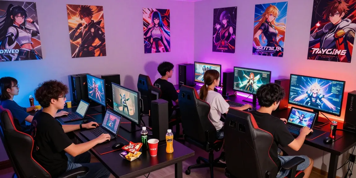 Group of gamers enjoying hentaigames in a lively room filled with anime decor
