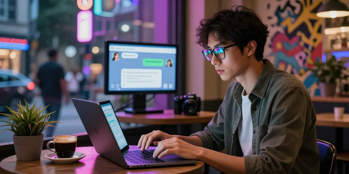 Engaging in ai porn chat on a modern laptop in a lively urban café
