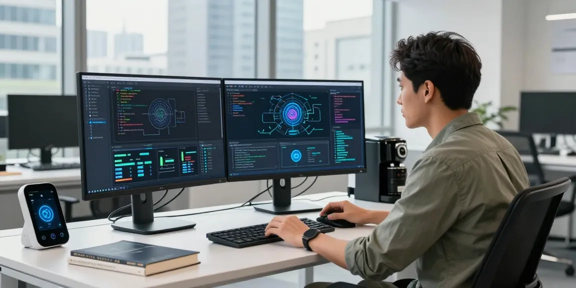 AI automation specialist configuring complex processes in a vibrant tech workspace with multiple screens and innovative tools.