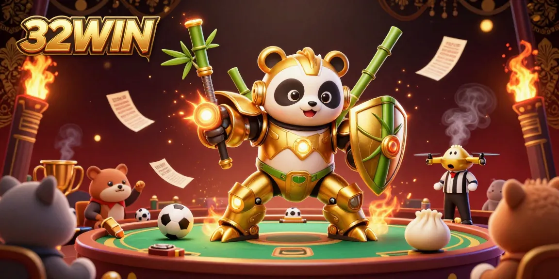 Exciting sports betting scene highlighting 32WIN with a panda robot amidst sports elements and dynamic visuals.