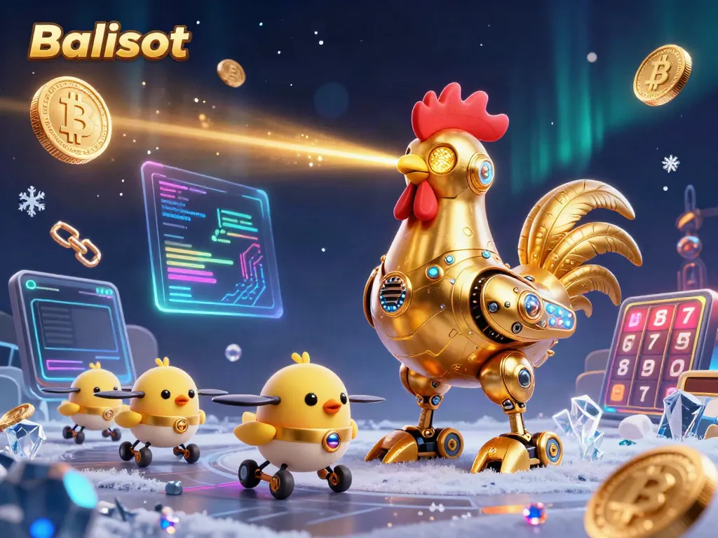 Balislot features a golden rooster robot in a vibrant casino scene filled with crypto elements and slot symbols.