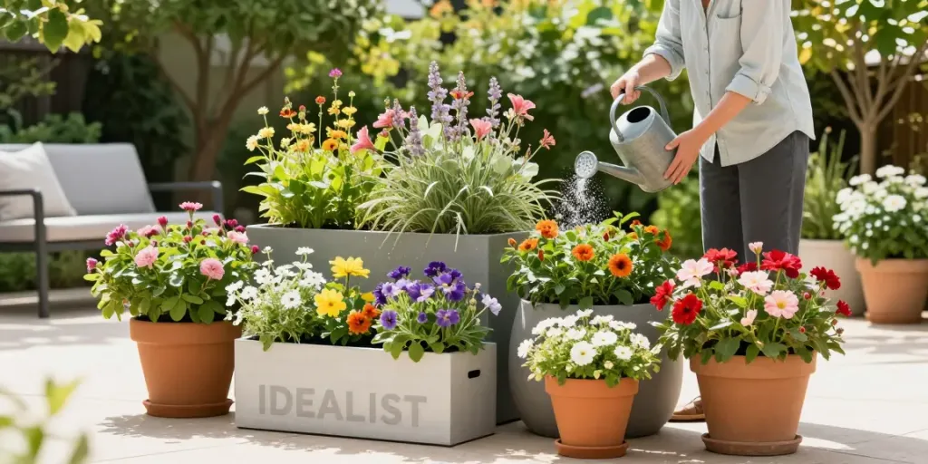 IDEALIST UK online shop garden planters in vibrant setting with person watering plants, showcasing garden decor.