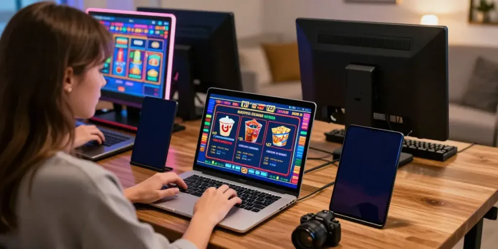 Exciting scene of a woman enjoying online gaming at mastercard casinos with vibrant graphics.