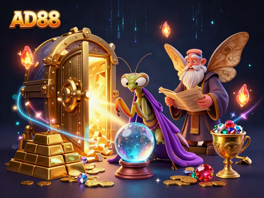 Experience the mystical AD88 world with vibrant characters and dazzling treasures in this casino-themed illustration.