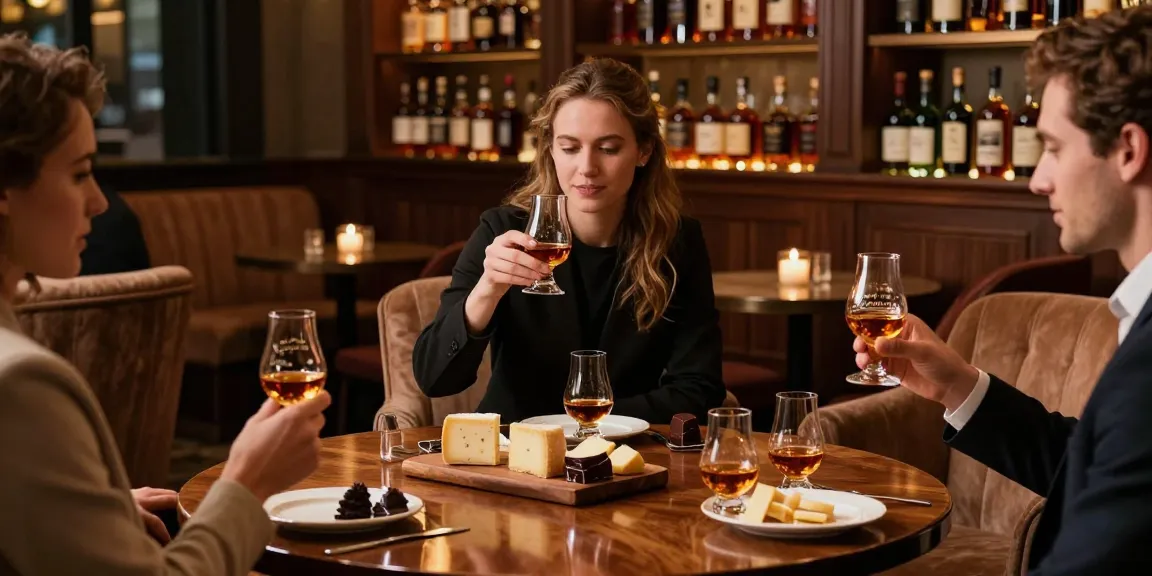 Enjoying Blanton's Gold bourbon with friends in a cozy lounge, showcasing fine whiskey and gourmet pairings.