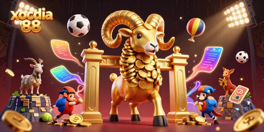 Xocdia 88 showcases a dynamic 3D cartoon scene of gaming excitement with a golden ram charging and sports elements.