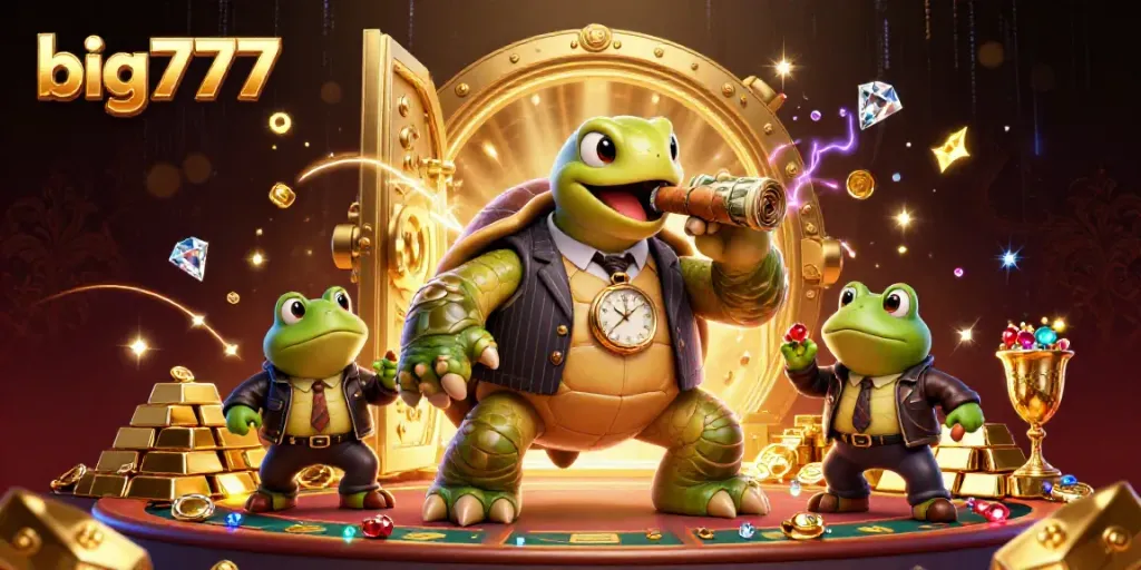 Experience big777 action with a giant turtle mobster and bullfrogs amidst vibrant casino treasures.