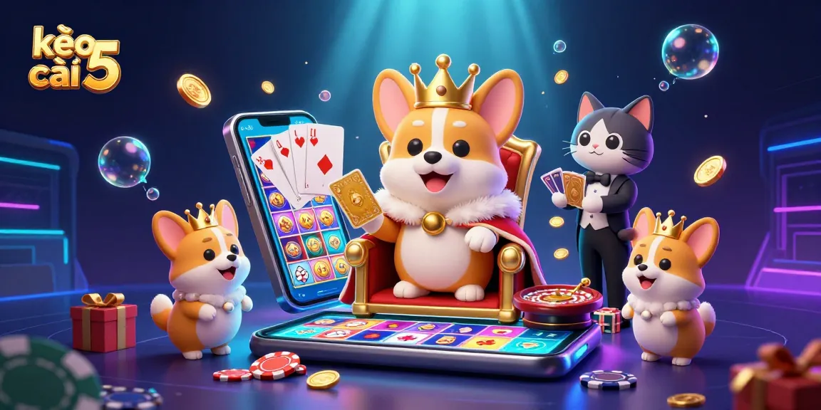 Engage with kèo nhà cái 5 in a vibrant casino scene featuring a royal corgi and a luxurious atmosphere.