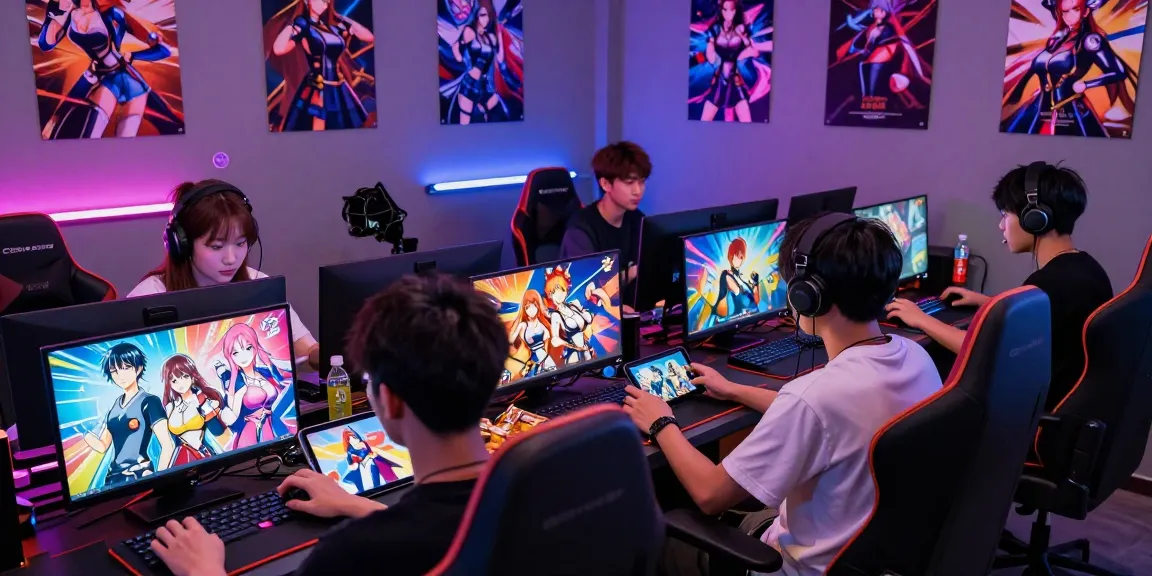 Exciting gaming scene with players enjoying popular ecchi games on multiple devices, showcasing vibrant graphics and lively atmosphere.