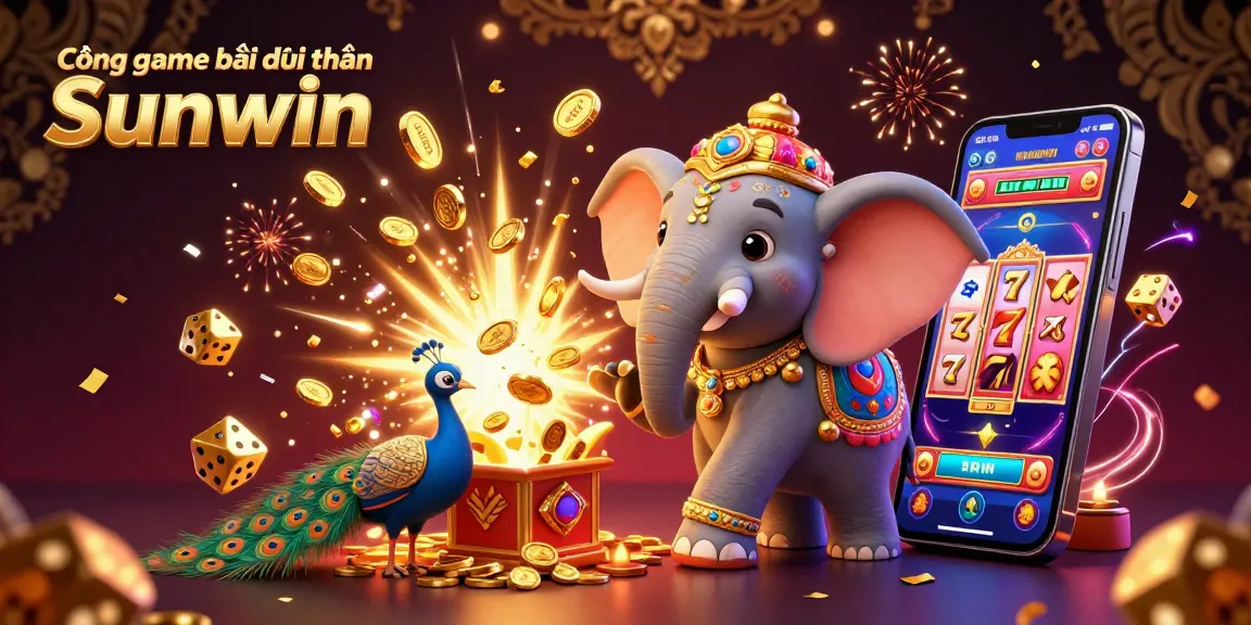 Cổng game bài đổi thưởng Sunwin showcases an exciting 3D casino scene with animated jackpot excitement and casino elements.