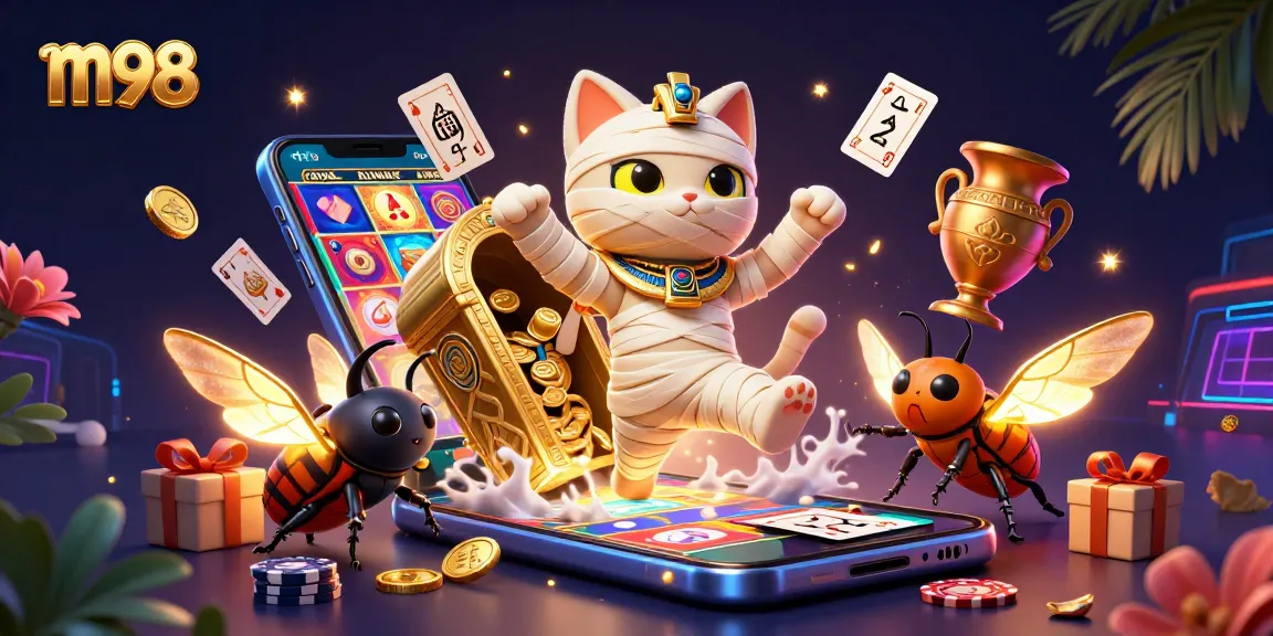 Engage with m98 casino adventures featuring an Egyptian mummy cat and golden slot games.