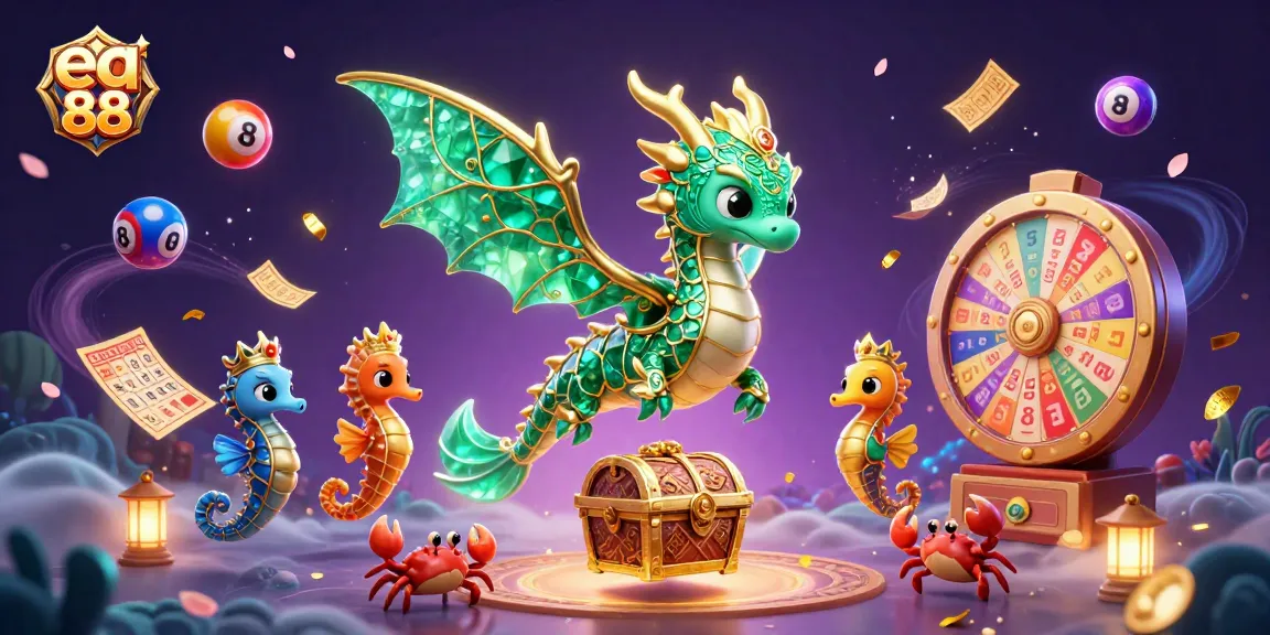 Experience the vibrant world of ea 88 with a cartoon sea dragon and dynamic game elements floating among colorful surprises.
