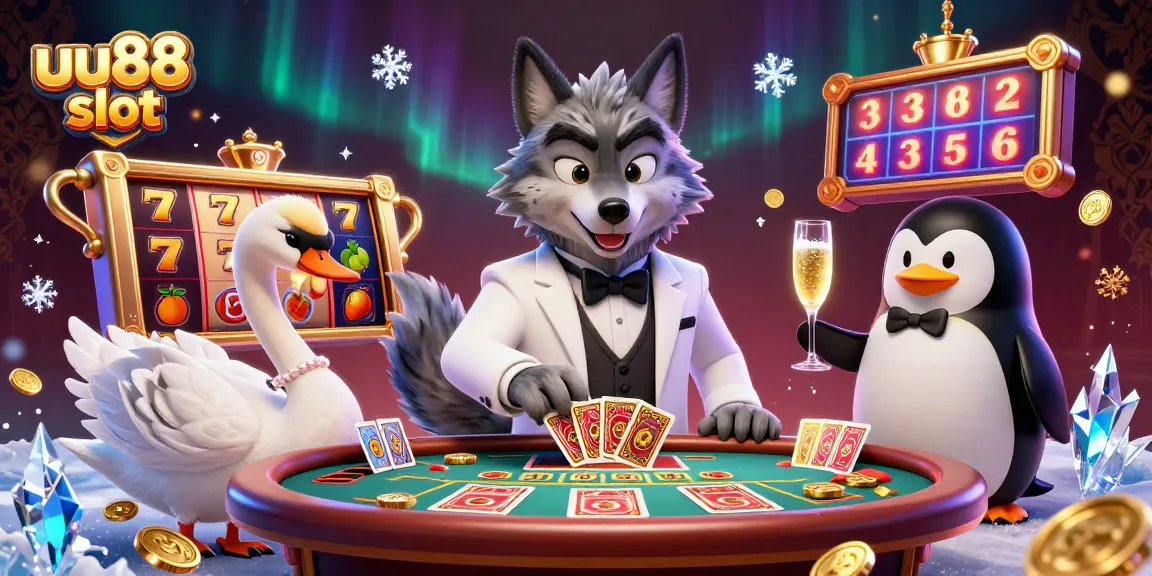Engage in winning spins at uu88 slot, featuring dynamic cartoon characters, vibrant elements, and lively casino atmosphere.