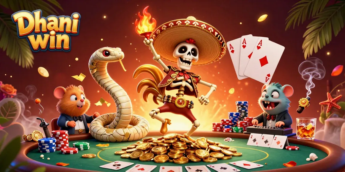 Dhani win promotes excitement with a mariachi rooster dancing on coins alongside a mummy and DJ hamster at a lively casino backdrop.