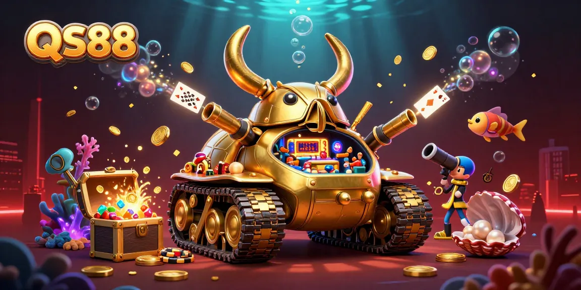 Experience the vibrant QS88 casino inside a golden beetle tank full of colorful game elements.