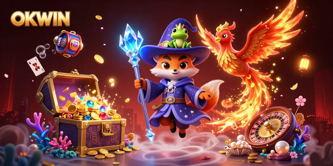 Experience thrilling gameplay at OKWIN with a dynamic 3D illustration of casino adventures.