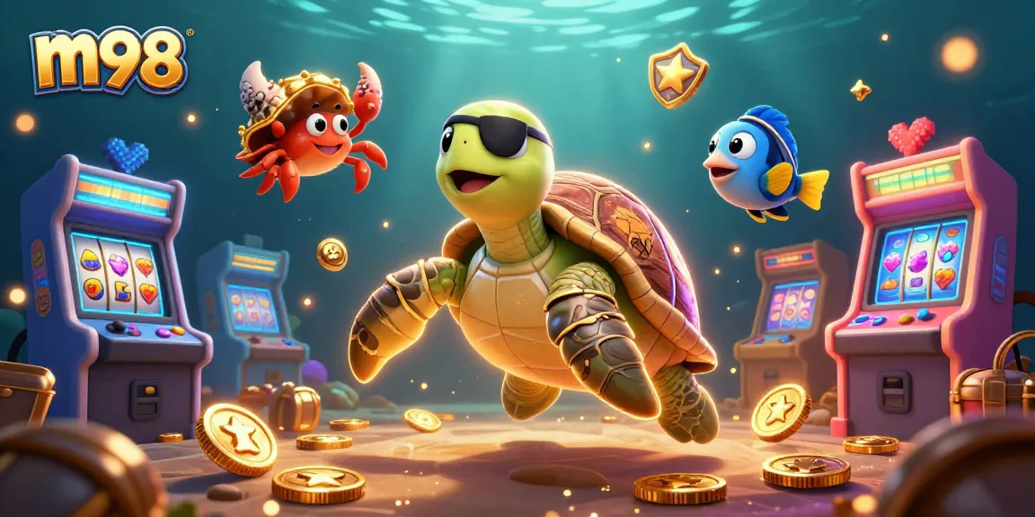 Spin the m98 slots with aquatic characters in a vibrant casino setting full of treasures.