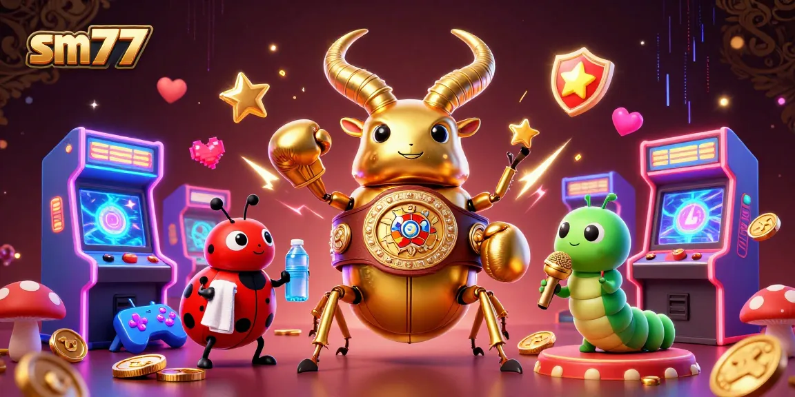 Engage with sm77's vibrant 3D casino scene featuring colorful arcade elements and dynamic characters.