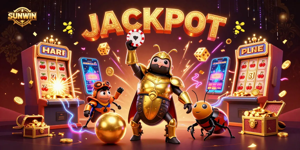 Sunwin celebrates with a victorious beetle in golden armor lifting a poker chip, surrounded by jackpot symbols.