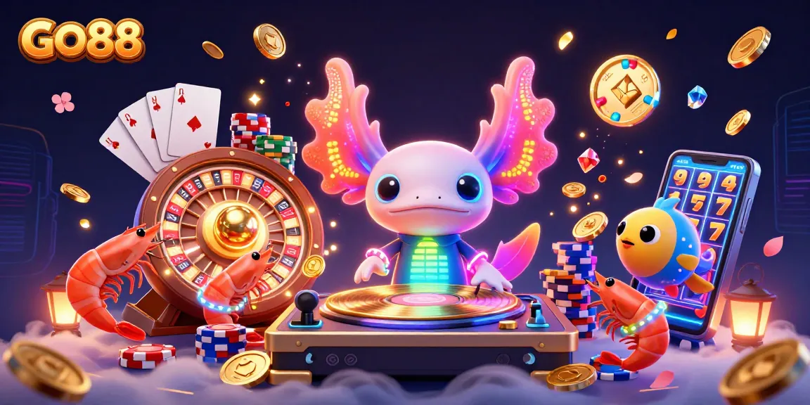 Experience the excitement of GO88 with a vibrant 3D illustration of a casino scene featuring dynamic characters and game elements.